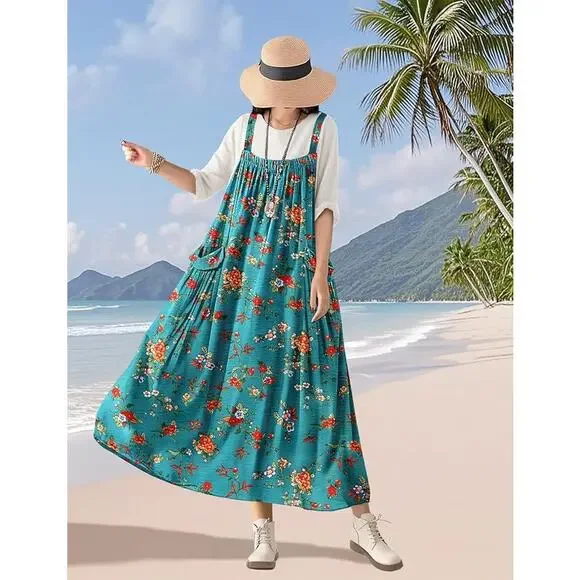 Women’s Boho Floral Maxi Overall Dress Cotton Rayon Casual Jumper w Pockets L - Picture 7 of 8